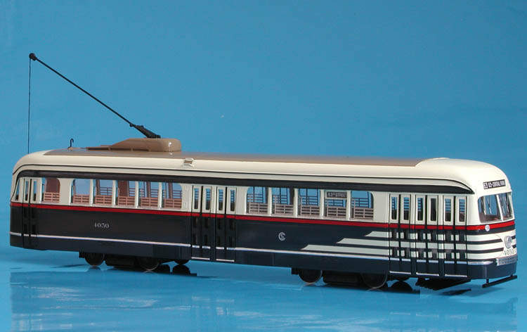 1936/37 chicago surface lines st. louis car co. pcc - in '45 "tiger stripes" livery. SPTC166a Model 1 48