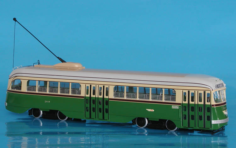 1938 Philadelphia Transportation Co. St.Louis Car Co. PCC 2001-2020 series (A-34 class) - in late 40s green/cream/gray livery & maroon stripes.