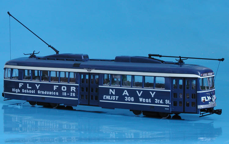 1940 pacific electric pullman-standard pcc #5000 in "fly for navy" livery (1942) SPTC161b Model 1 48